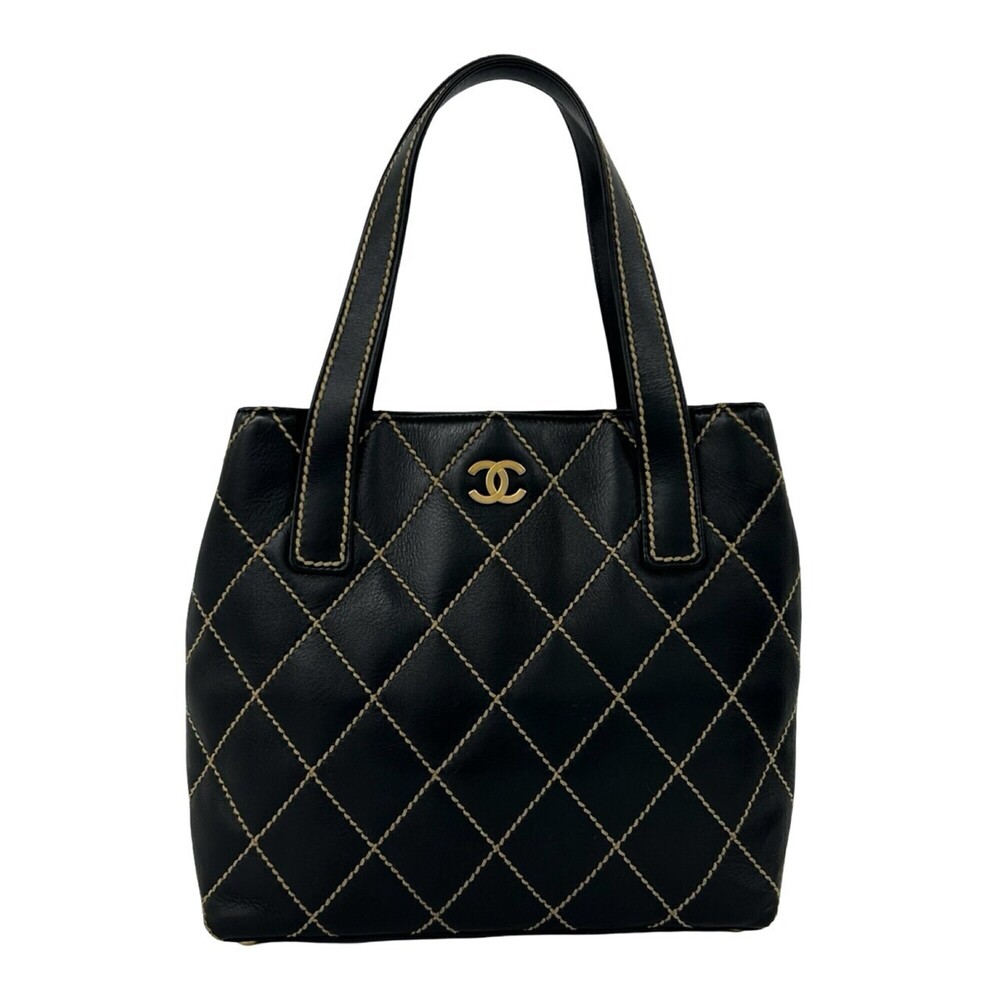 CHANEL Wild Stitch Coco Mark Leather Handbag Tote Bag Black 32249